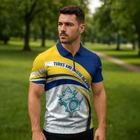 Turks and Caicos Islands Zipper Polo Shirt with Sea Shell Graphic and Yellow Blue Wave Design - Wonder Print Shop