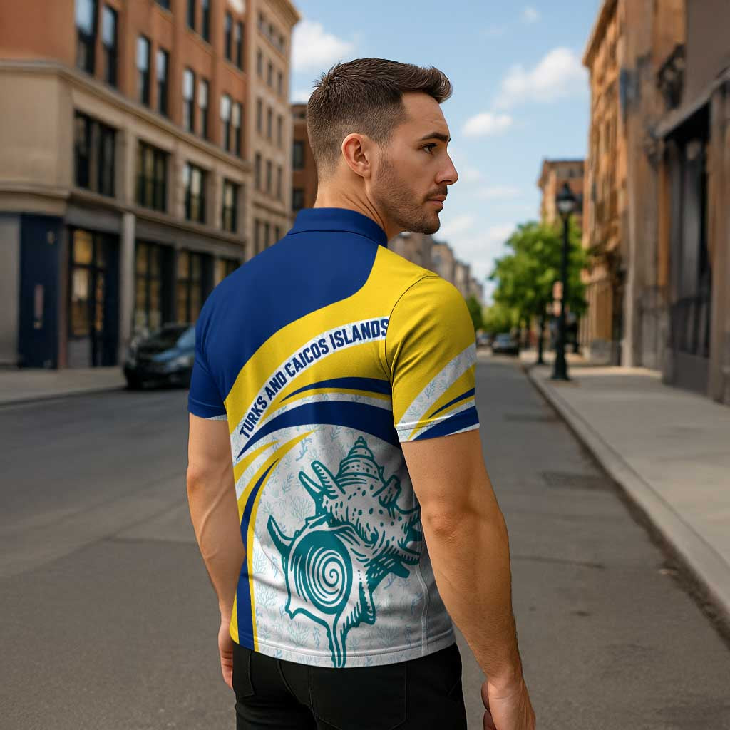 Turks and Caicos Islands Zipper Polo Shirt with Sea Shell Graphic and Yellow Blue Wave Design - Wonder Print Shop