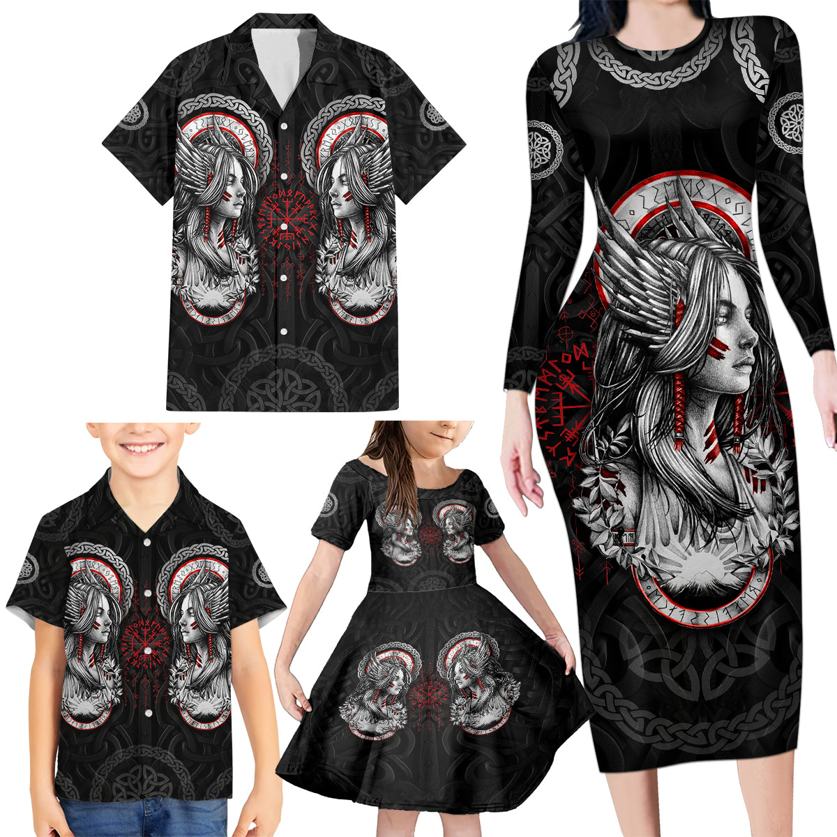 Viking Shieldmaiden Family Matching Long Sleeve Bodycon Dress and Hawaiian Shirt with Viking Compass Vegvisir - Wonder Print Shop
