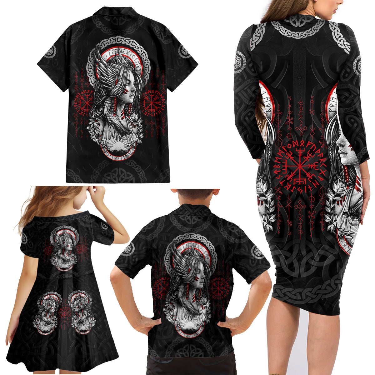 Viking Shieldmaiden Family Matching Long Sleeve Bodycon Dress and Hawaiian Shirt with Viking Compass Vegvisir - Wonder Print Shop