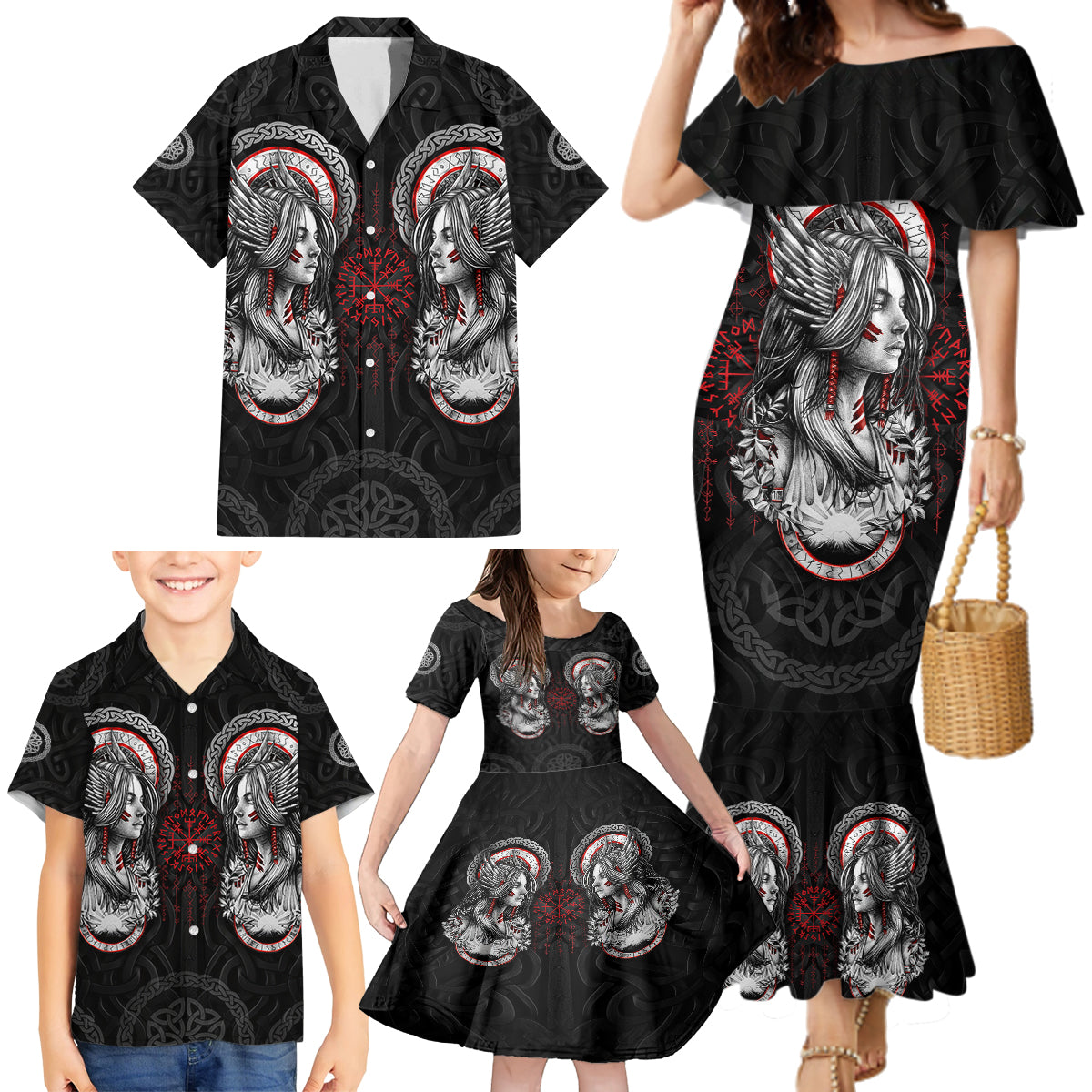 Viking Shieldmaiden Family Matching Mermaid Dress and Hawaiian Shirt with Viking Compass Vegvisir - Wonder Print Shop