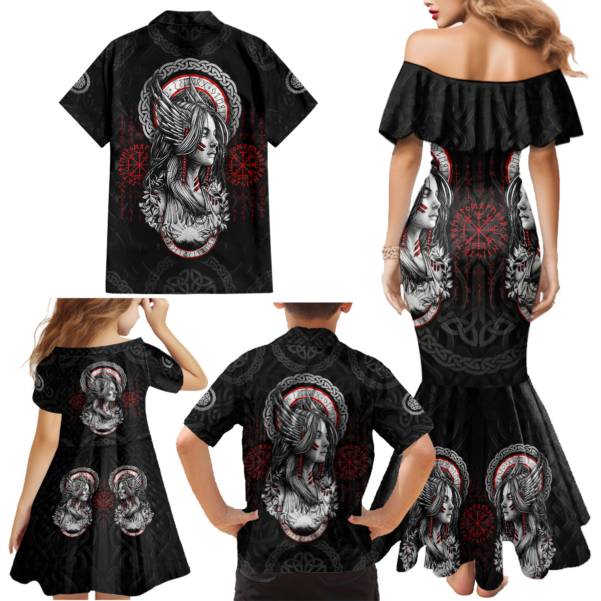 Viking Shieldmaiden Family Matching Mermaid Dress and Hawaiian Shirt with Viking Compass Vegvisir - Wonder Print Shop