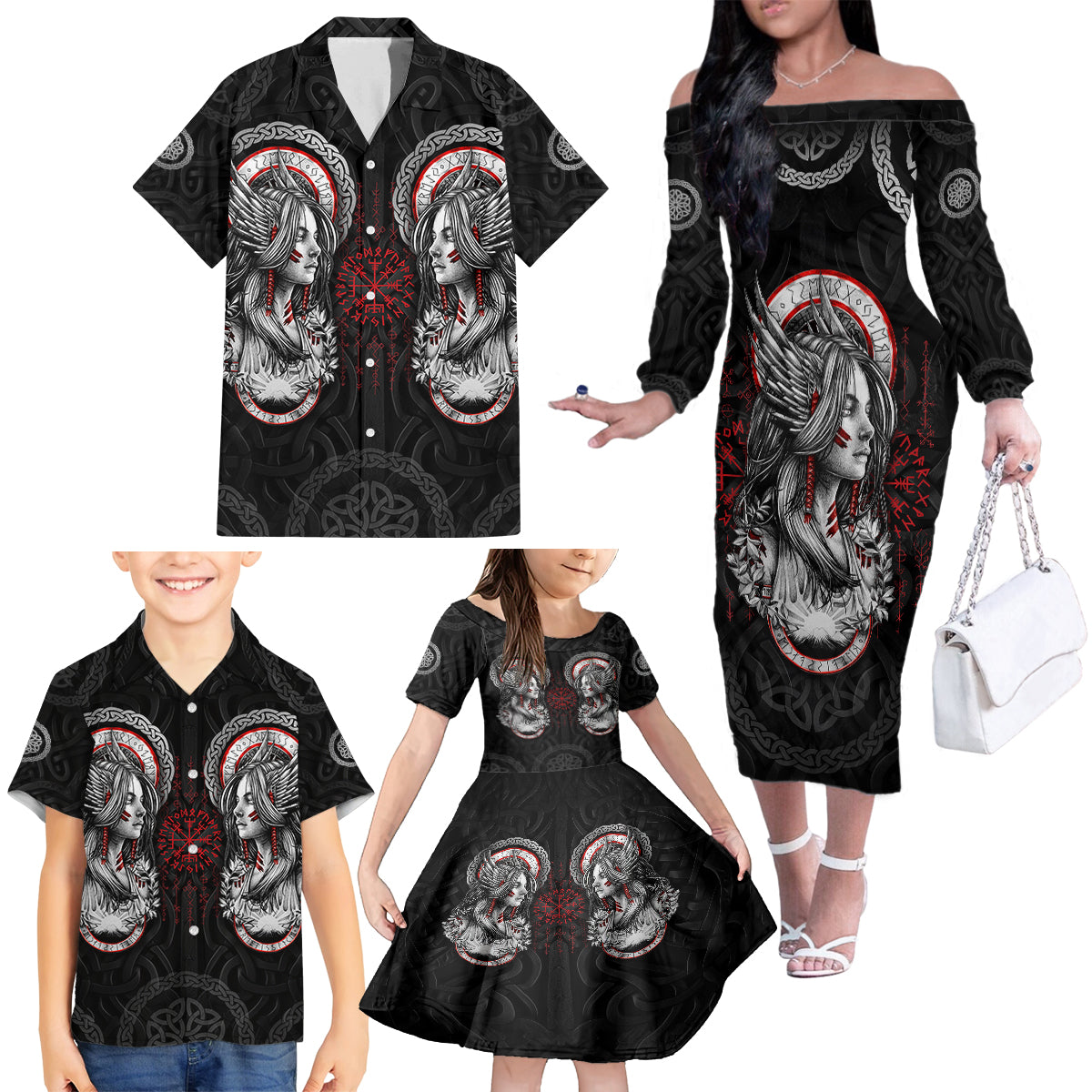 Viking Shieldmaiden Family Matching Off Shoulder Long Sleeve Dress and Hawaiian Shirt with Viking Compass Vegvisir - Wonder Print Shop