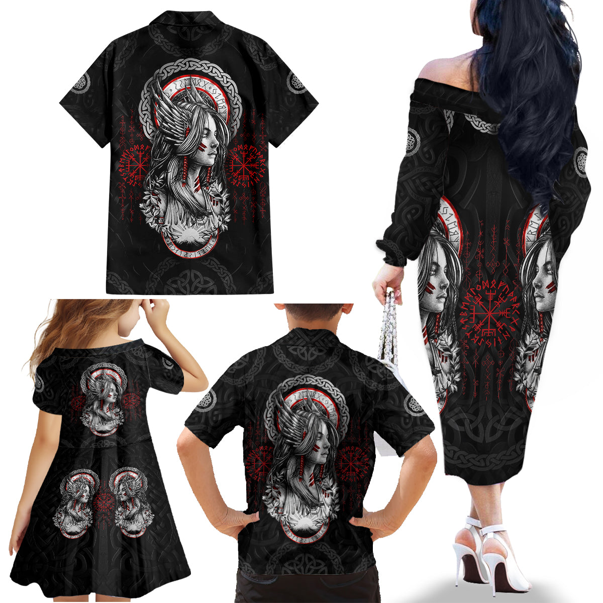 Viking Shieldmaiden Family Matching Off Shoulder Long Sleeve Dress and Hawaiian Shirt with Viking Compass Vegvisir - Wonder Print Shop