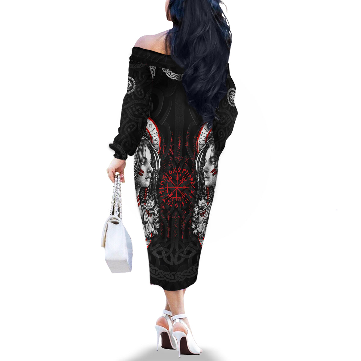 Viking Shieldmaiden Family Matching Off Shoulder Long Sleeve Dress and Hawaiian Shirt with Viking Compass Vegvisir - Wonder Print Shop