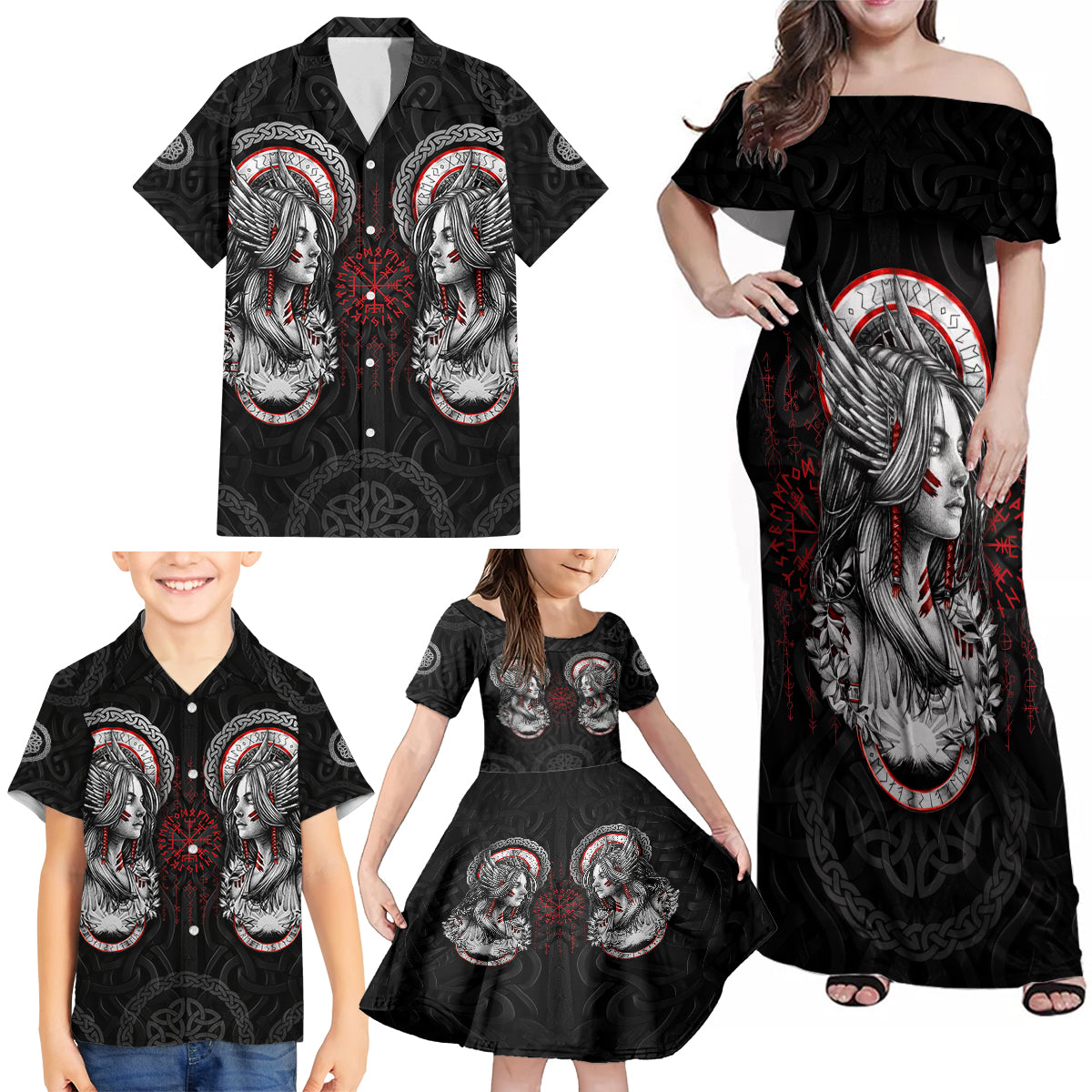 Viking Shieldmaiden Family Matching Off Shoulder Maxi Dress and Hawaiian Shirt with Viking Compass Vegvisir - Wonder Print Shop
