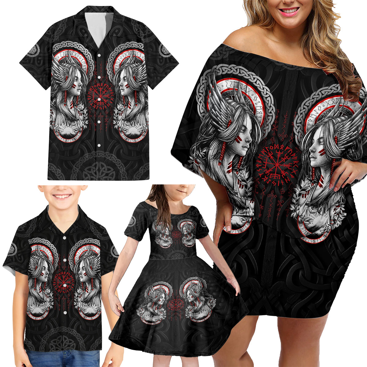 Viking Shieldmaiden Family Matching Off Shoulder Short Dress and Hawaiian Shirt with Viking Compass Vegvisir - Wonder Print Shop