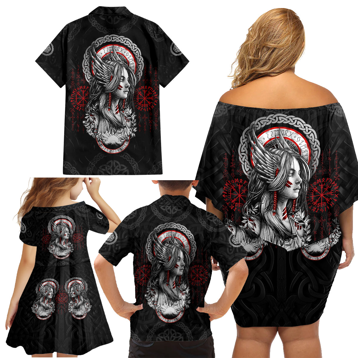Viking Shieldmaiden Family Matching Off Shoulder Short Dress and Hawaiian Shirt with Viking Compass Vegvisir - Wonder Print Shop