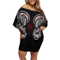 Viking Shieldmaiden Family Matching Off Shoulder Short Dress and Hawaiian Shirt with Viking Compass Vegvisir - Wonder Print Shop