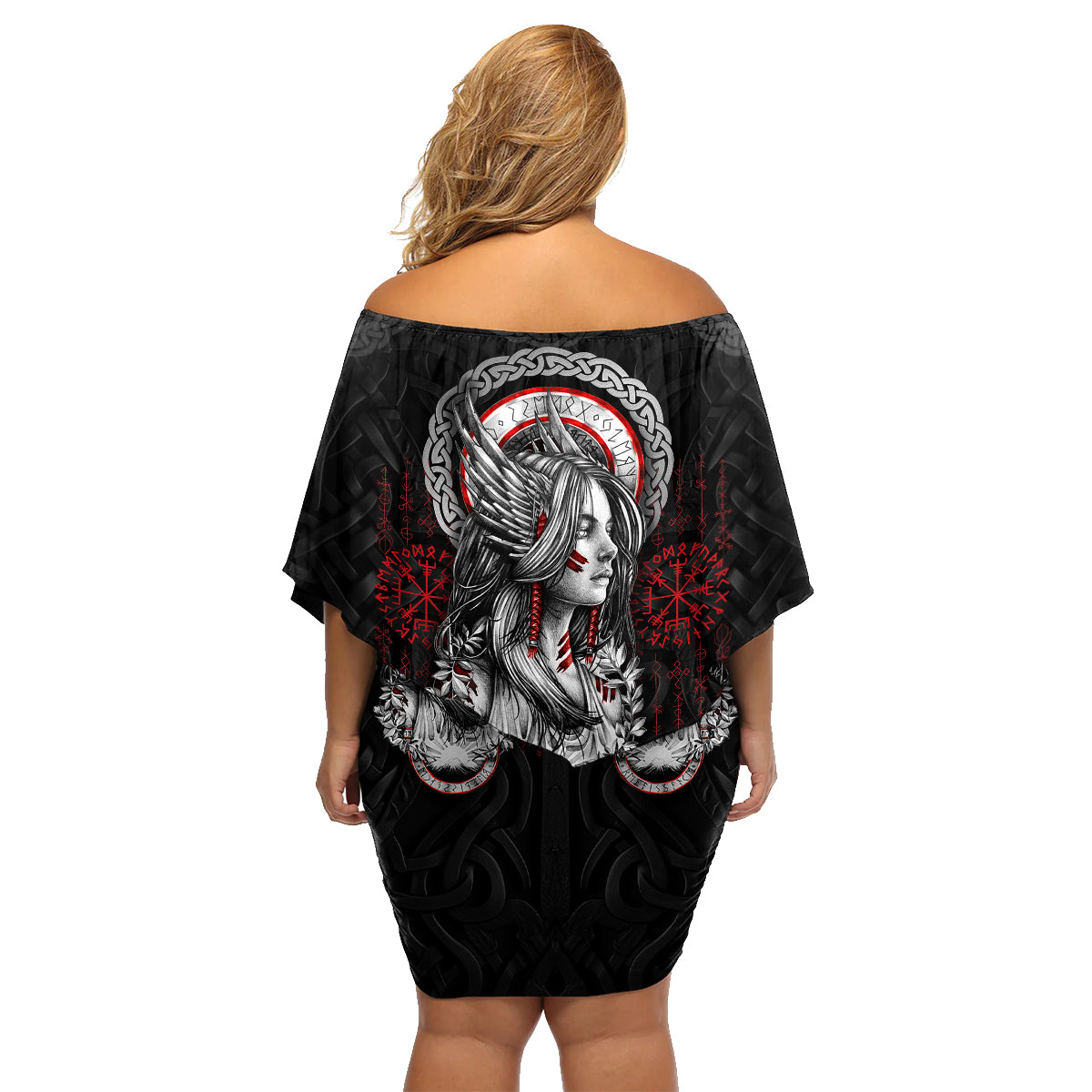 Viking Shieldmaiden Family Matching Off Shoulder Short Dress and Hawaiian Shirt with Viking Compass Vegvisir - Wonder Print Shop