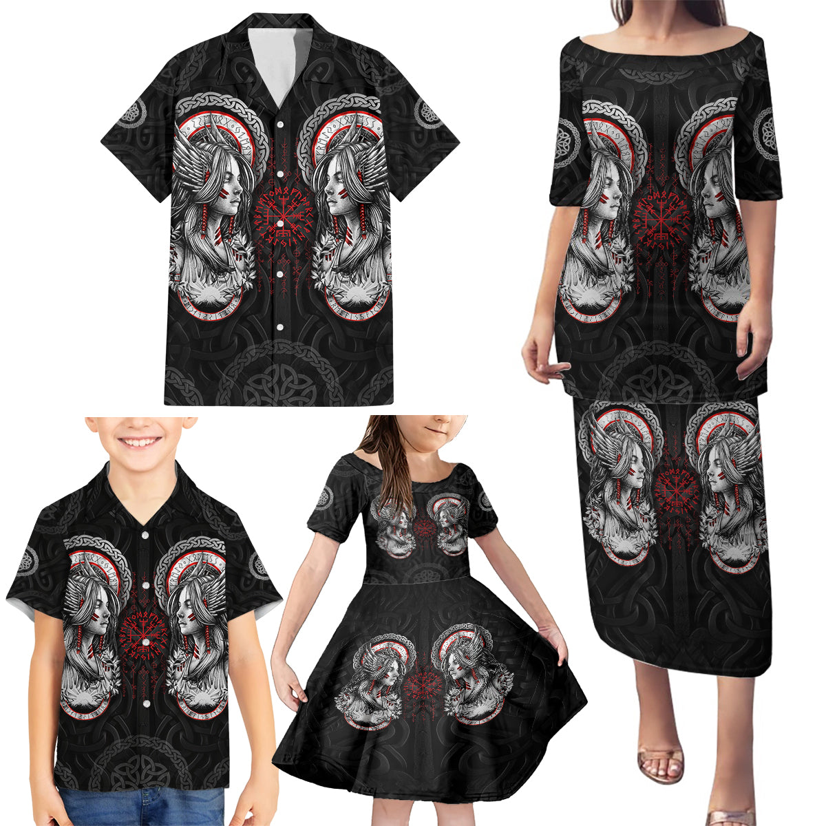 Viking Shieldmaiden Family Matching Puletasi Dress and Hawaiian Shirt with Viking Compass Vegvisir - Wonder Print Shop