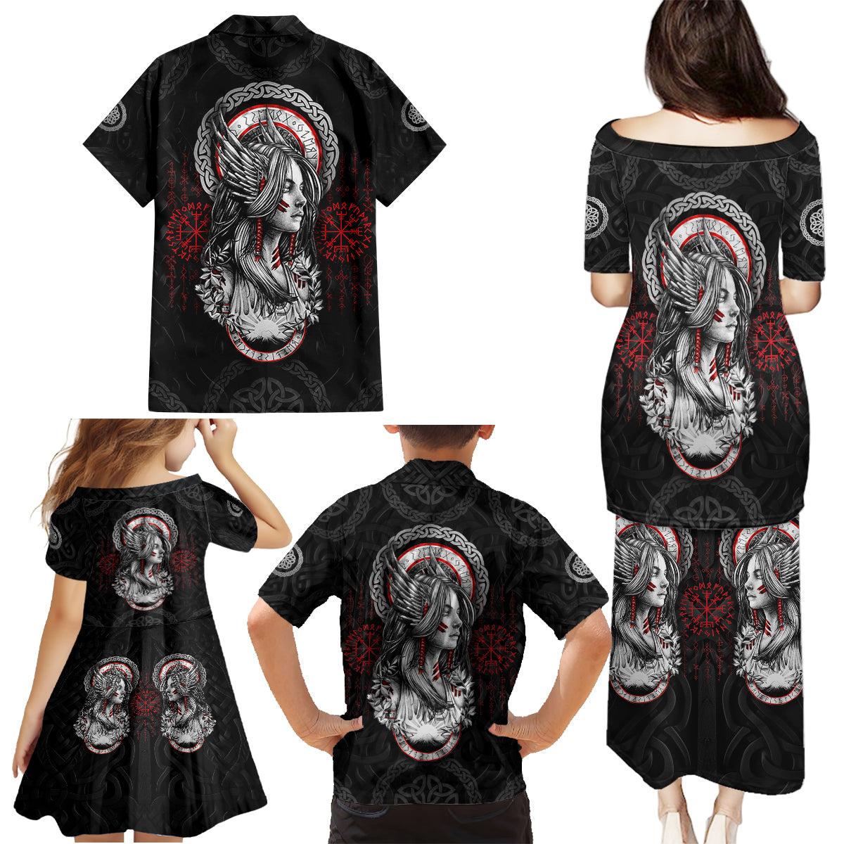 Viking Shieldmaiden Family Matching Puletasi Dress and Hawaiian Shirt with Viking Compass Vegvisir - Wonder Print Shop