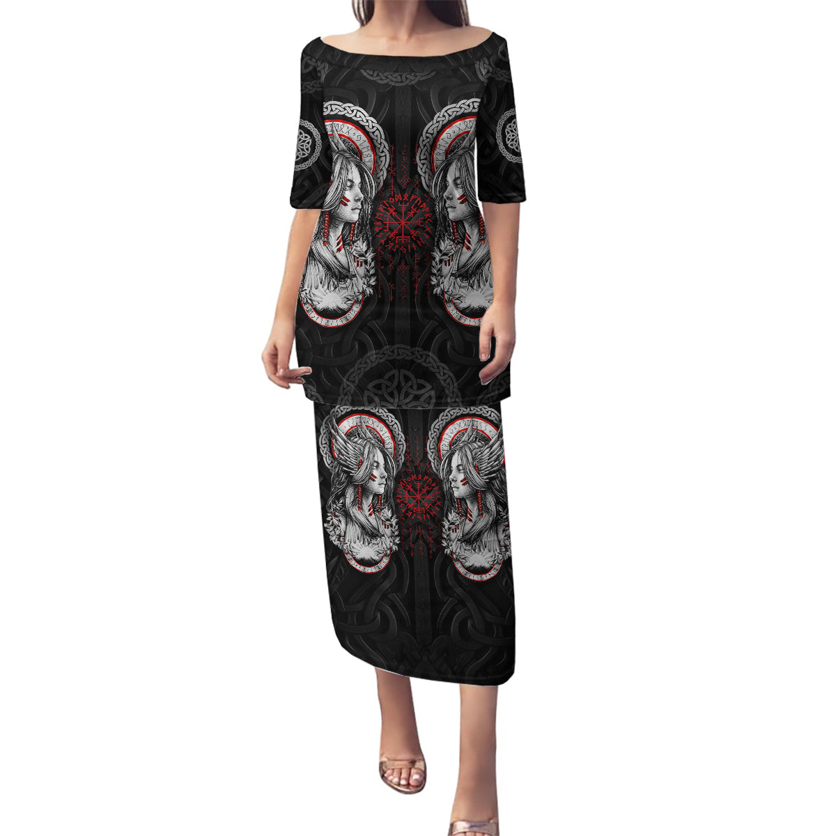 Viking Shieldmaiden Family Matching Puletasi Dress and Hawaiian Shirt with Viking Compass Vegvisir - Wonder Print Shop