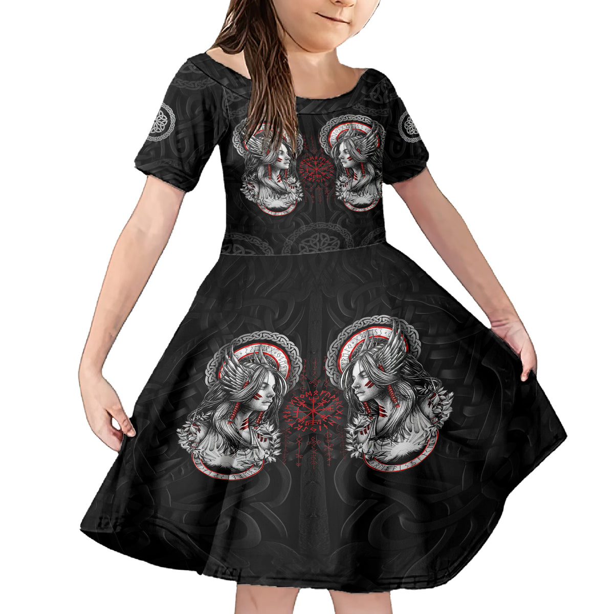 Viking Shieldmaiden Family Matching Short Sleeve Bodycon Dress and Hawaiian Shirt with Viking Compass Vegvisir - Wonder Print Shop