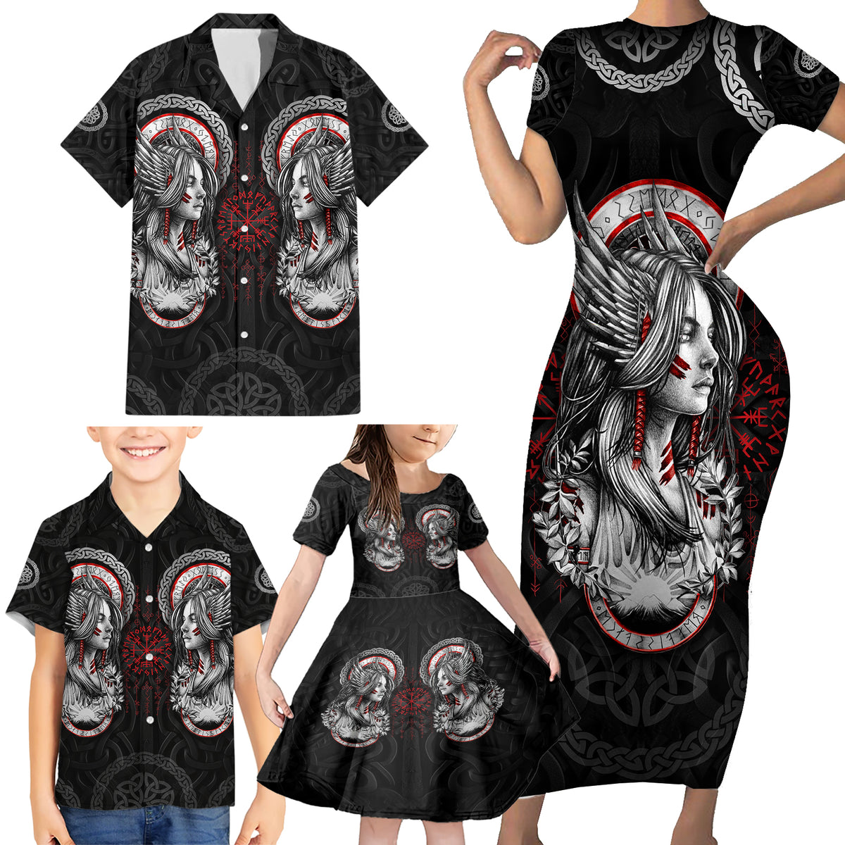 Viking Shieldmaiden Family Matching Short Sleeve Bodycon Dress and Hawaiian Shirt with Viking Compass Vegvisir - Wonder Print Shop