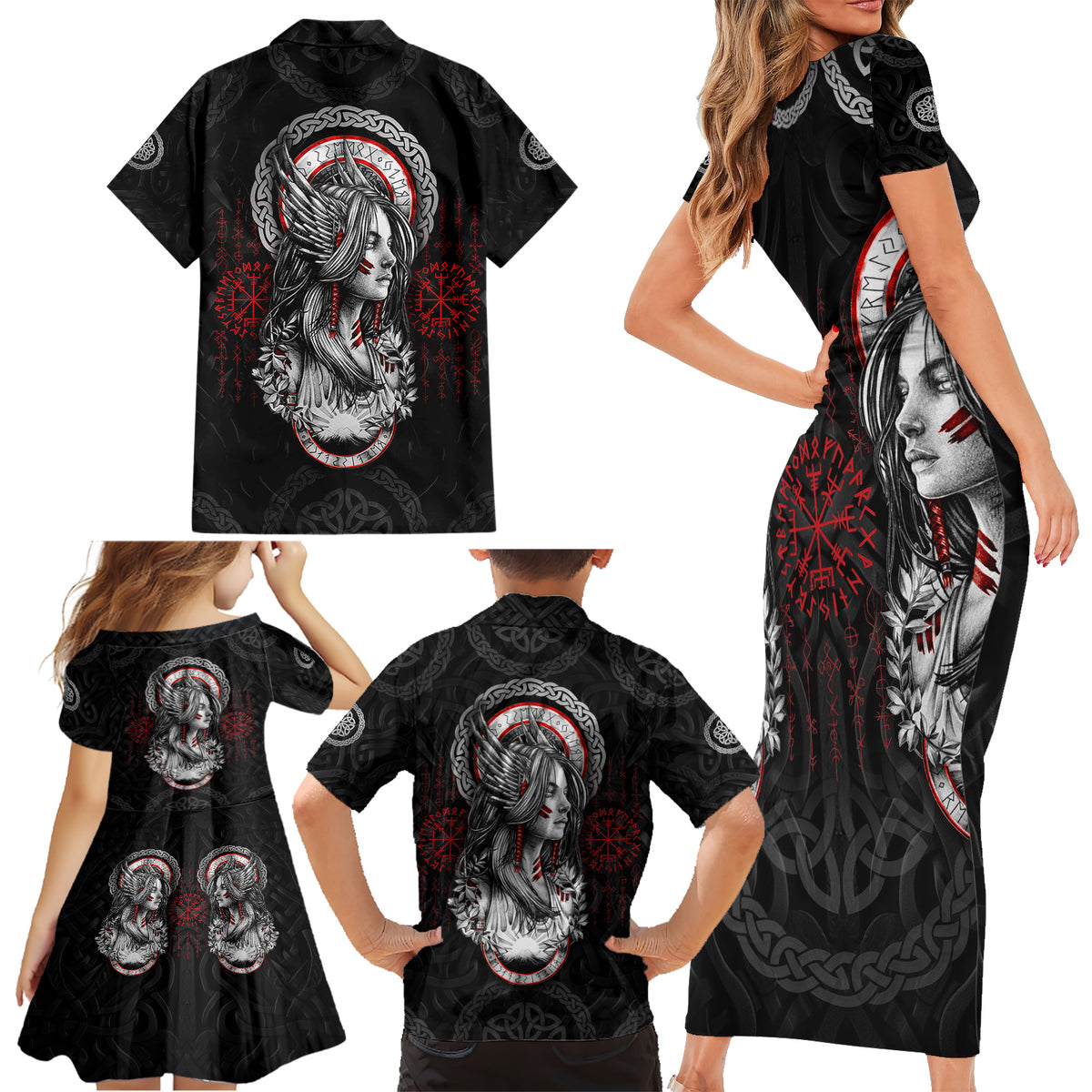 Viking Shieldmaiden Family Matching Short Sleeve Bodycon Dress and Hawaiian Shirt with Viking Compass Vegvisir - Wonder Print Shop