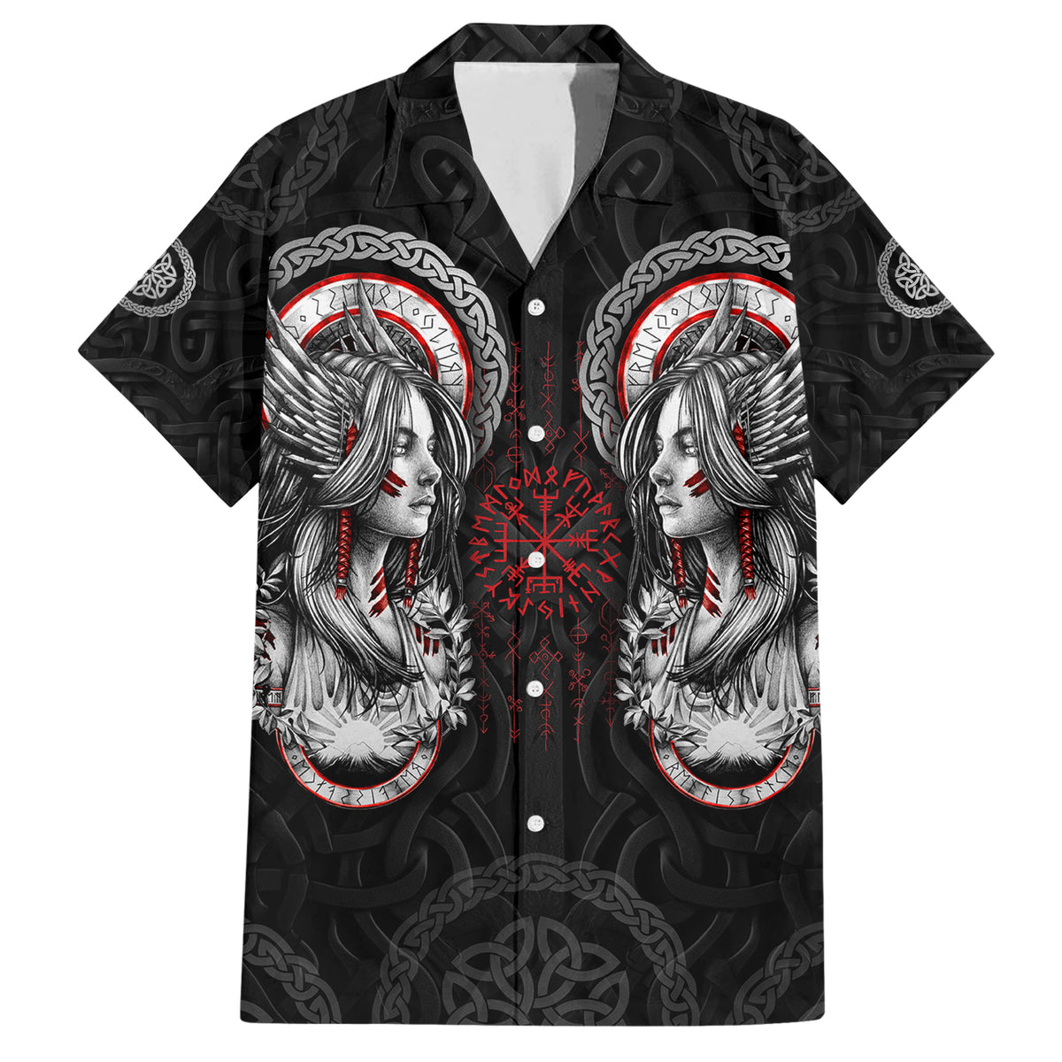Viking Shieldmaiden Family Matching Short Sleeve Bodycon Dress and Hawaiian Shirt with Viking Compass Vegvisir - Wonder Print Shop