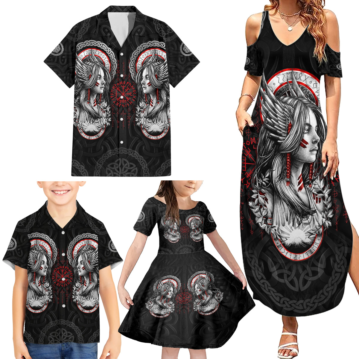 Viking Shieldmaiden Family Matching Summer Maxi Dress and Hawaiian Shirt with Viking Compass Vegvisir - Wonder Print Shop
