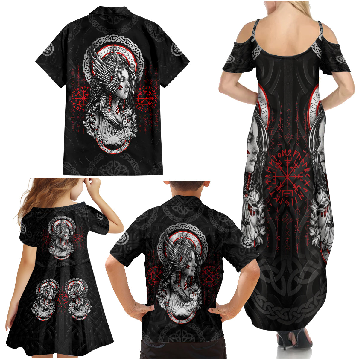 Viking Shieldmaiden Family Matching Summer Maxi Dress and Hawaiian Shirt with Viking Compass Vegvisir - Wonder Print Shop
