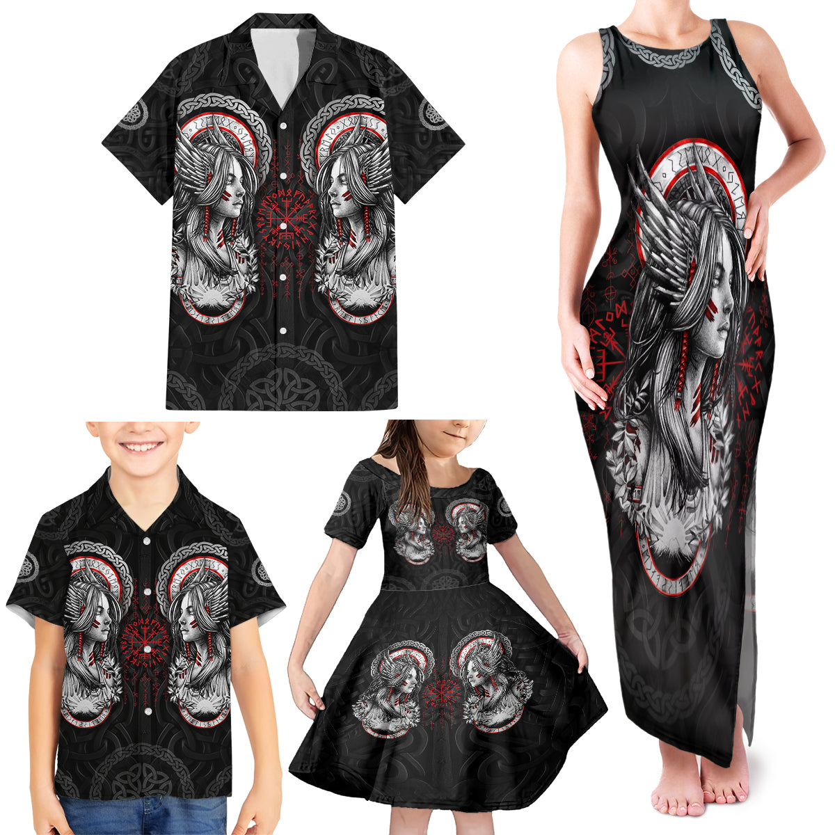 Viking Shieldmaiden Family Matching Tank Maxi Dress and Hawaiian Shirt with Viking Compass Vegvisir - Wonder Print Shop
