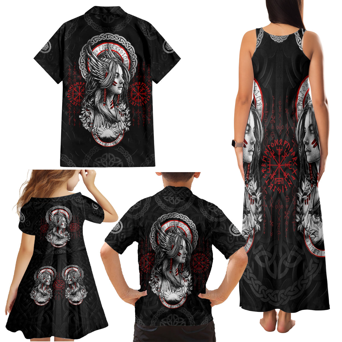 Viking Shieldmaiden Family Matching Tank Maxi Dress and Hawaiian Shirt with Viking Compass Vegvisir - Wonder Print Shop