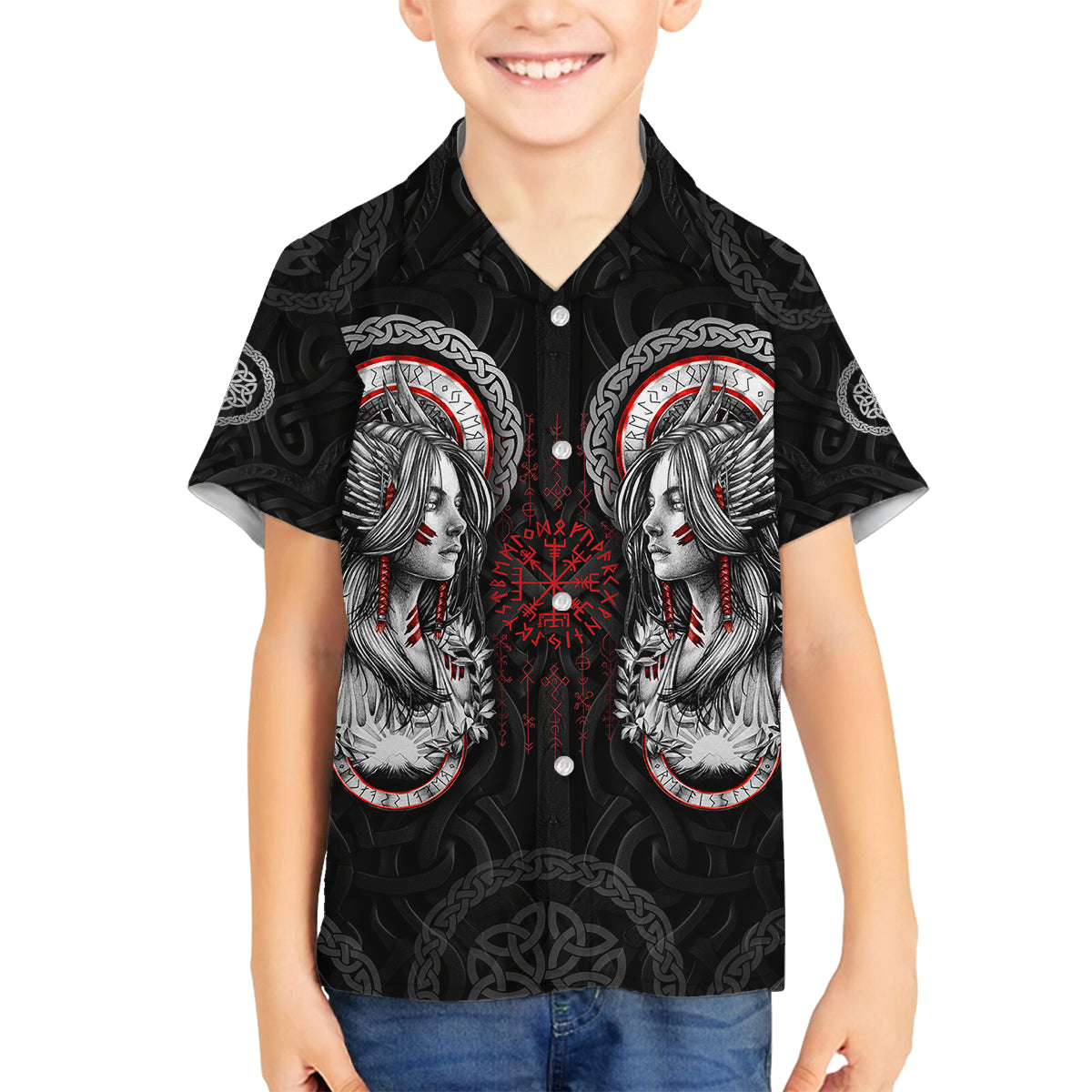 Viking Shieldmaiden Family Matching Tank Maxi Dress and Hawaiian Shirt with Viking Compass Vegvisir - Wonder Print Shop