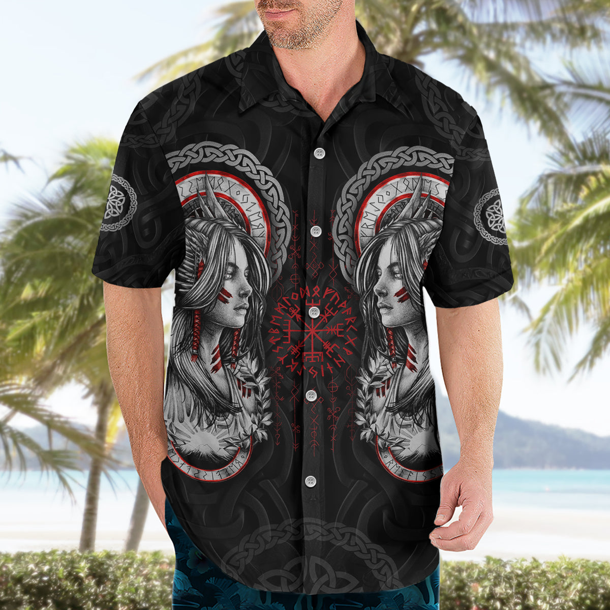 Viking Shieldmaiden Hawaiian Shirt with Viking Compass Vegvisir - Wonder Print Shop
