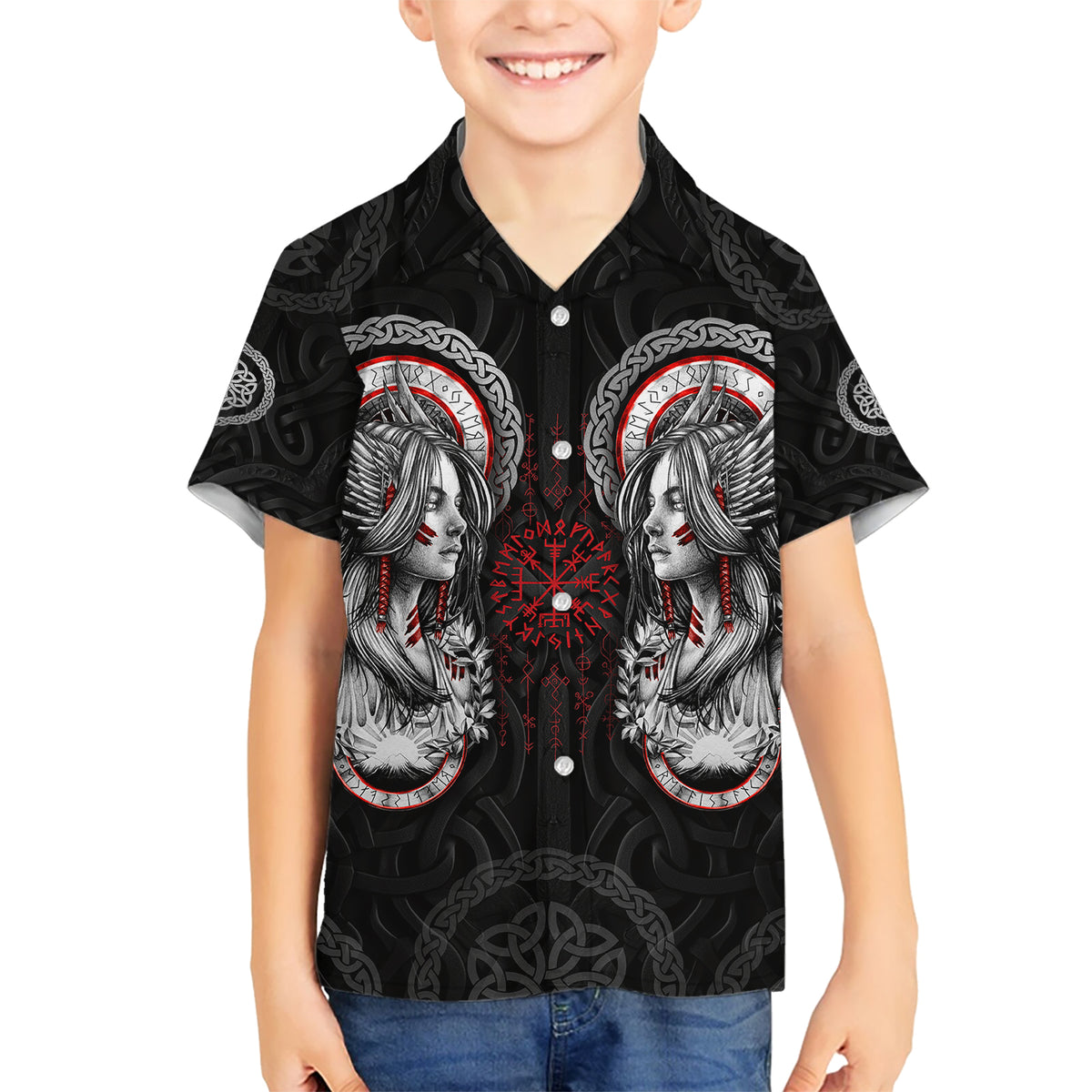 Viking Shieldmaiden Kid Hawaiian Shirt with Viking Compass Vegvisir - Wonder Print Shop