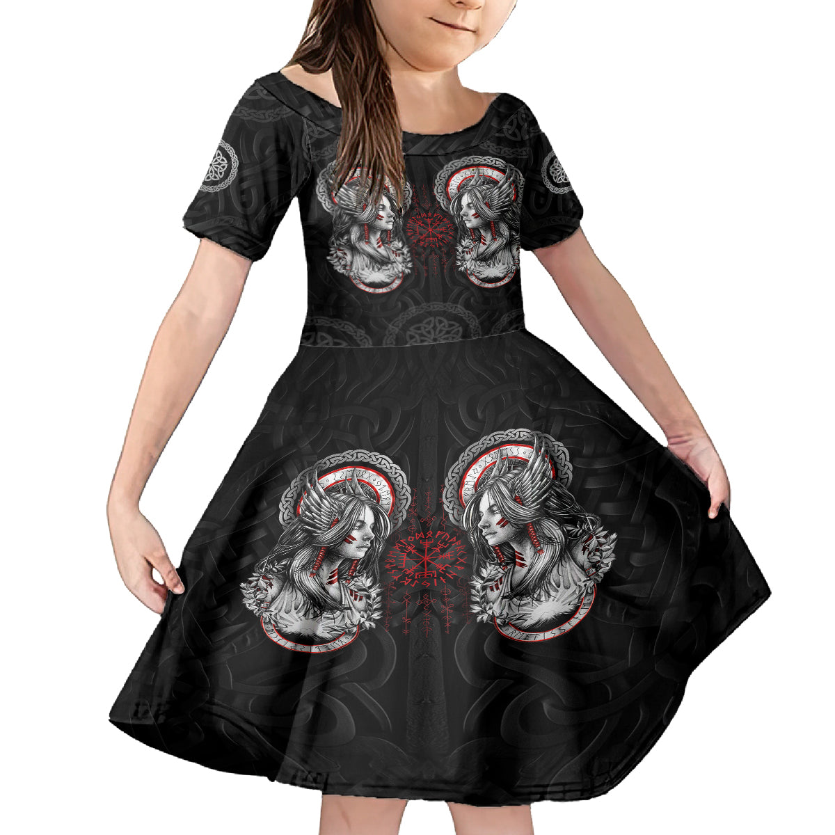 Viking Shieldmaiden Kid Short Sleeve Dress with Viking Compass Vegvisir - Wonder Print Shop