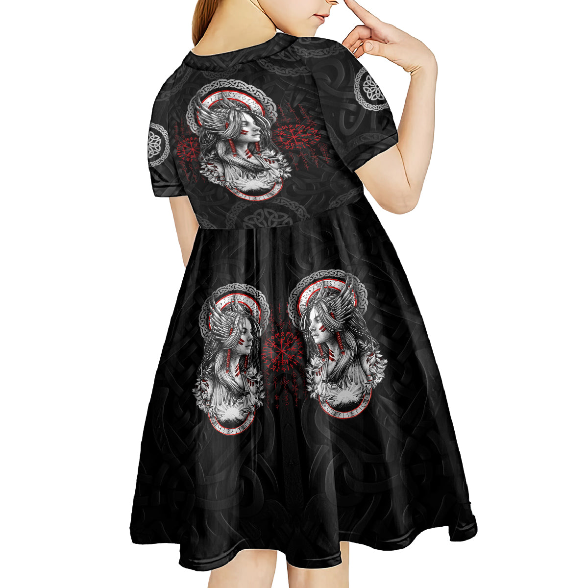 Viking Shieldmaiden Kid Short Sleeve Dress with Viking Compass Vegvisir - Wonder Print Shop