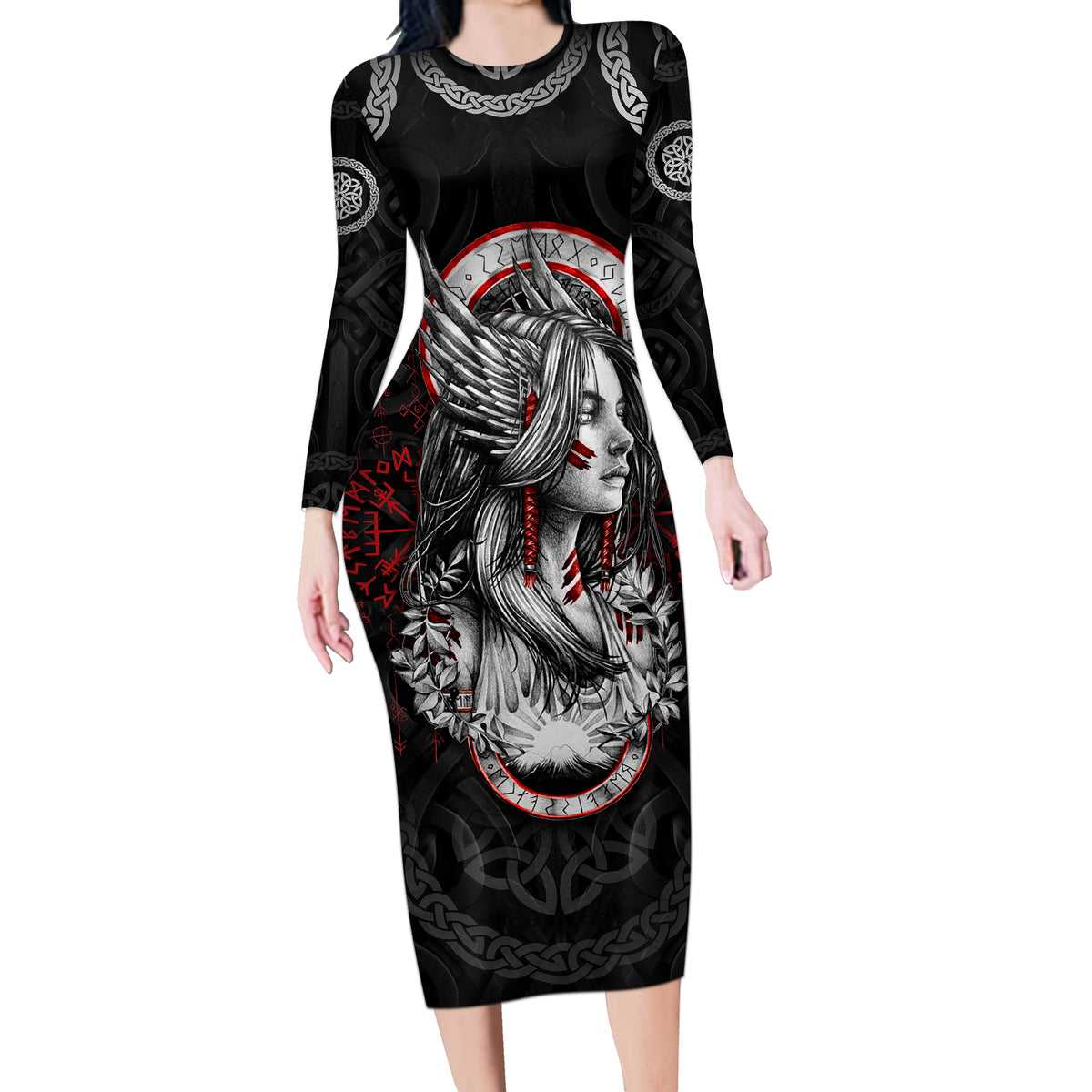 Viking Shieldmaiden Long Sleeve Bodycon Dress with Viking Compass Vegvisir - Wonder Print Shop