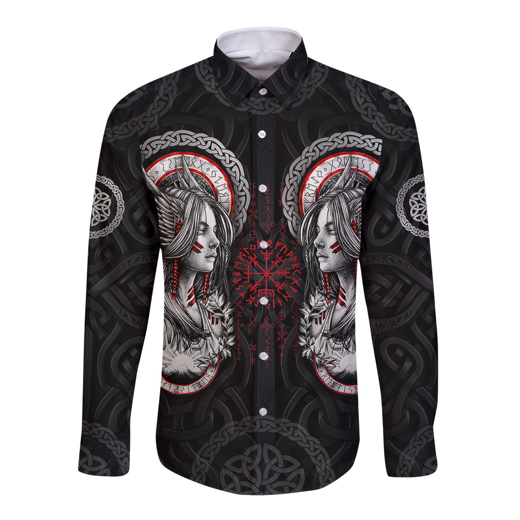 Viking Shieldmaiden Long Sleeve Button Shirt with Viking Compass Vegvisir - Wonder Print Shop