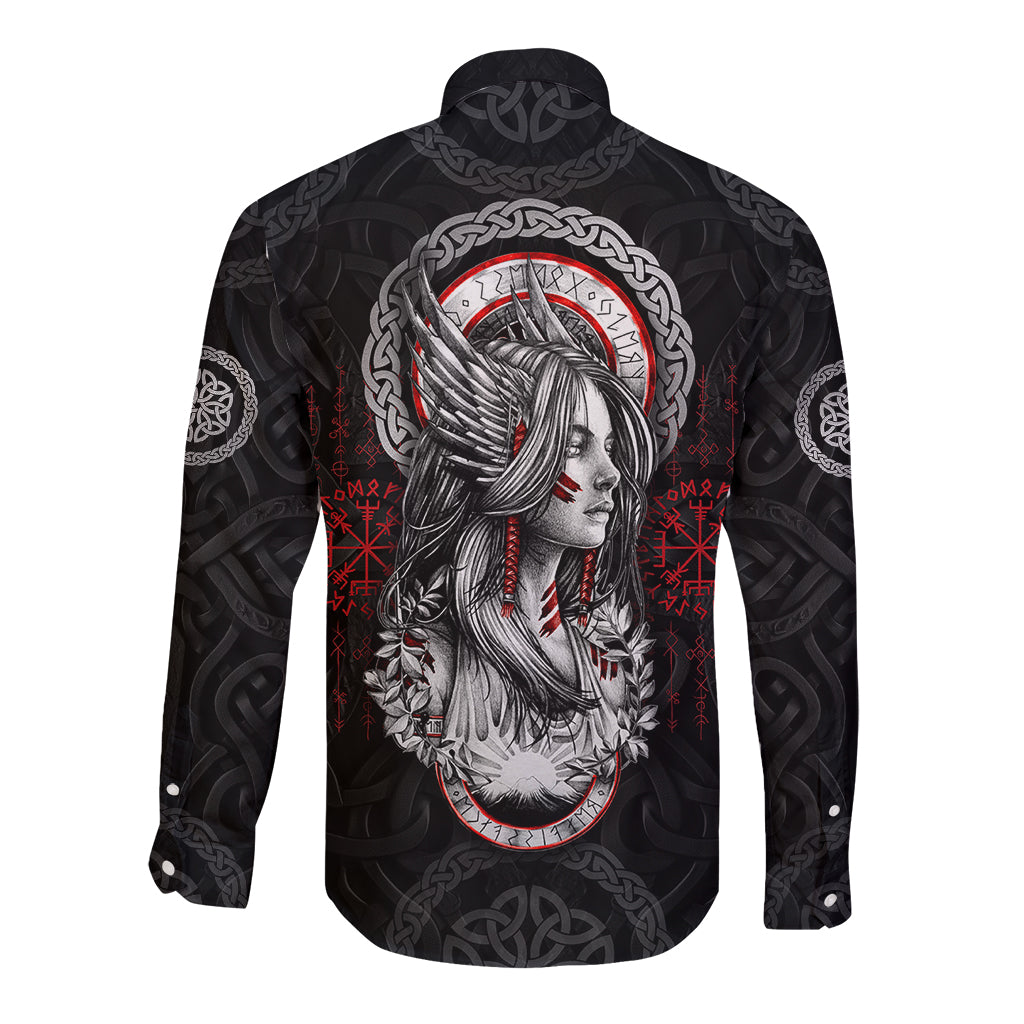Viking Shieldmaiden Long Sleeve Button Shirt with Viking Compass Vegvisir - Wonder Print Shop