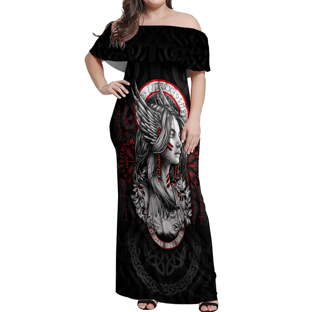 Viking Shieldmaiden Off Shoulder Maxi Dress with Viking Compass Vegvisir - Wonder Print Shop