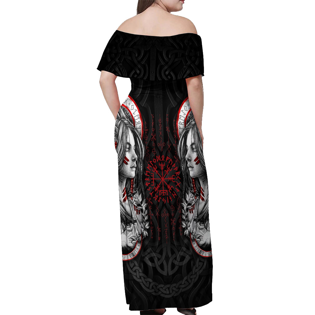 Viking Shieldmaiden Off Shoulder Maxi Dress with Viking Compass Vegvisir - Wonder Print Shop
