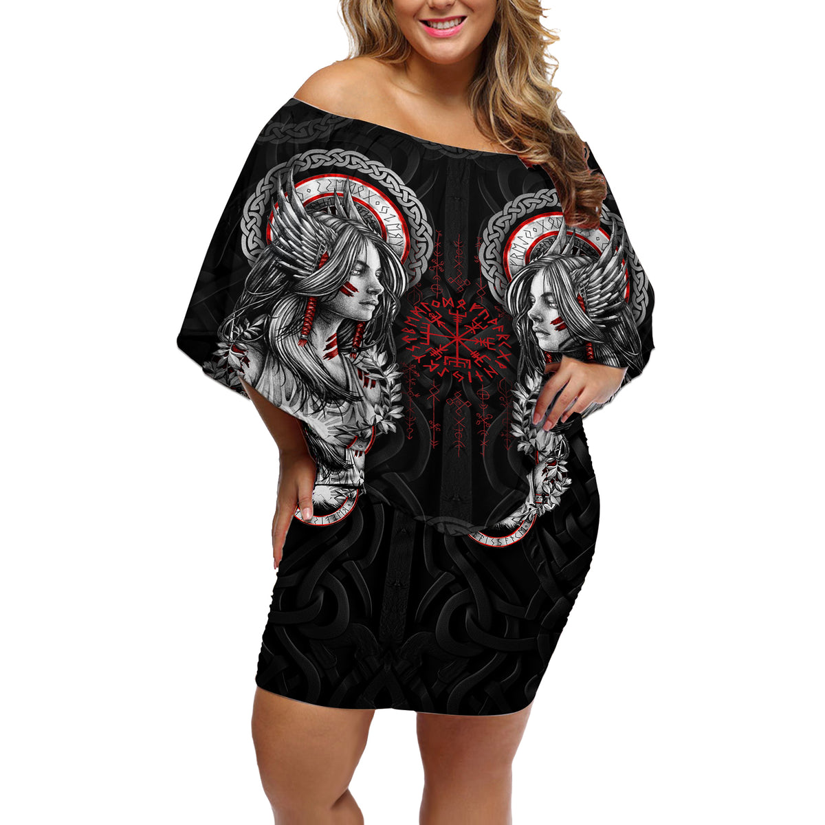 Viking Shieldmaiden Off Shoulder Short Dress with Viking Compass Vegvisir - Wonder Print Shop