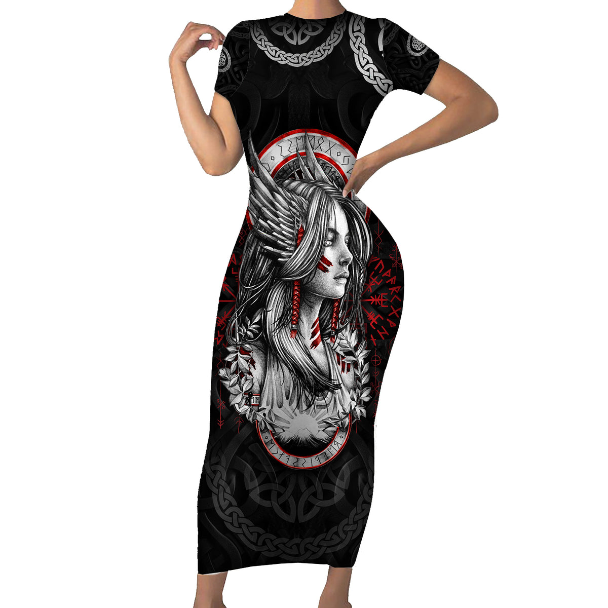 Viking Shieldmaiden Short Sleeve Bodycon Dress with Viking Compass Vegvisir - Wonder Print Shop