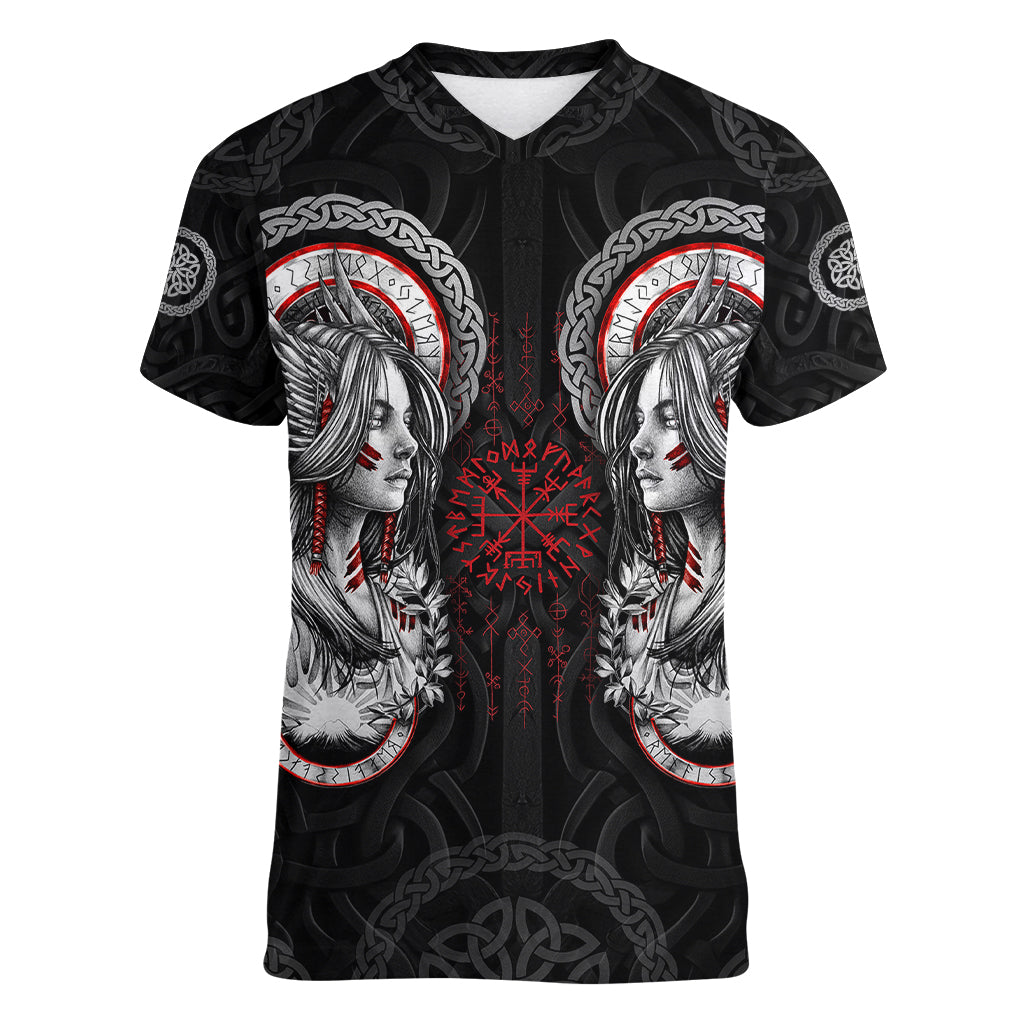 Viking Shieldmaiden Women V Neck T Shirt with Viking Compass Vegvisir - Wonder Print Shop