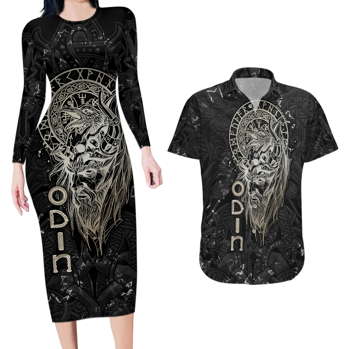 Viking Navigator Couples Matching Long Sleeve Bodycon Dress and Hawaiian Shirt Odin's Wisdom in Symbols - Wonder Print Shop