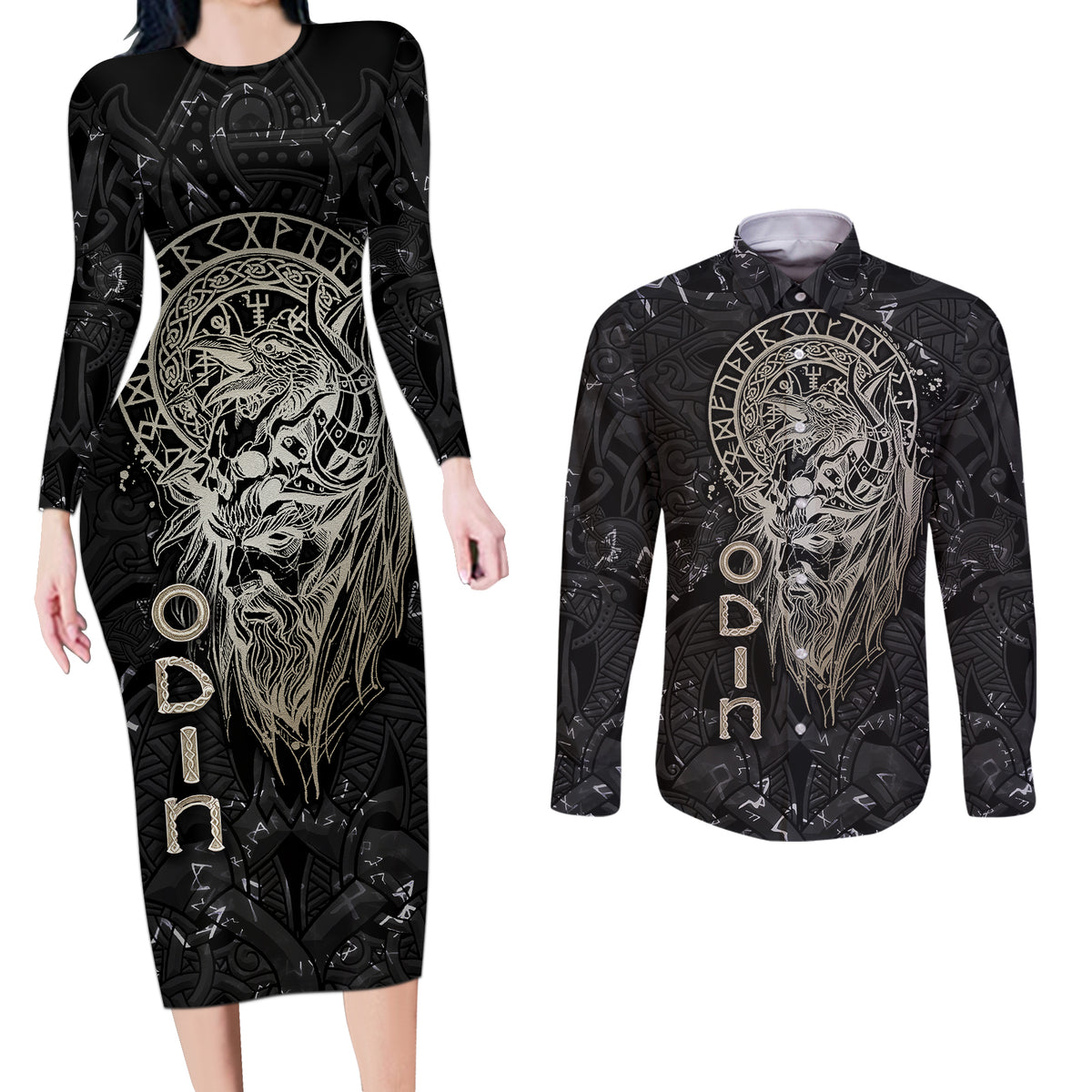 Viking Navigator Couples Matching Long Sleeve Bodycon Dress and Long Sleeve Button Shirts Odin's Wisdom in Symbols - Wonder Print Shop