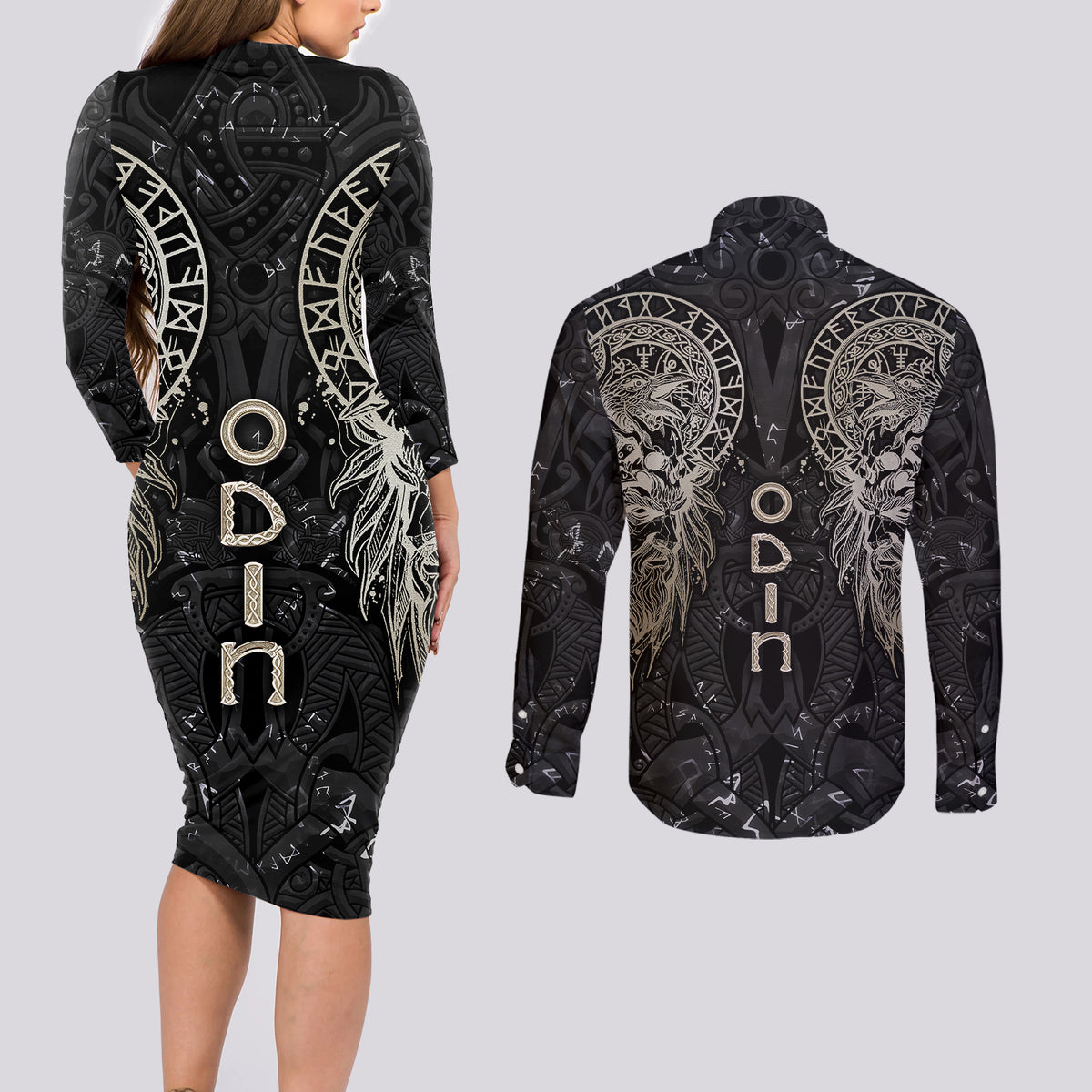 Viking Navigator Couples Matching Long Sleeve Bodycon Dress and Long Sleeve Button Shirts Odin's Wisdom in Symbols - Wonder Print Shop
