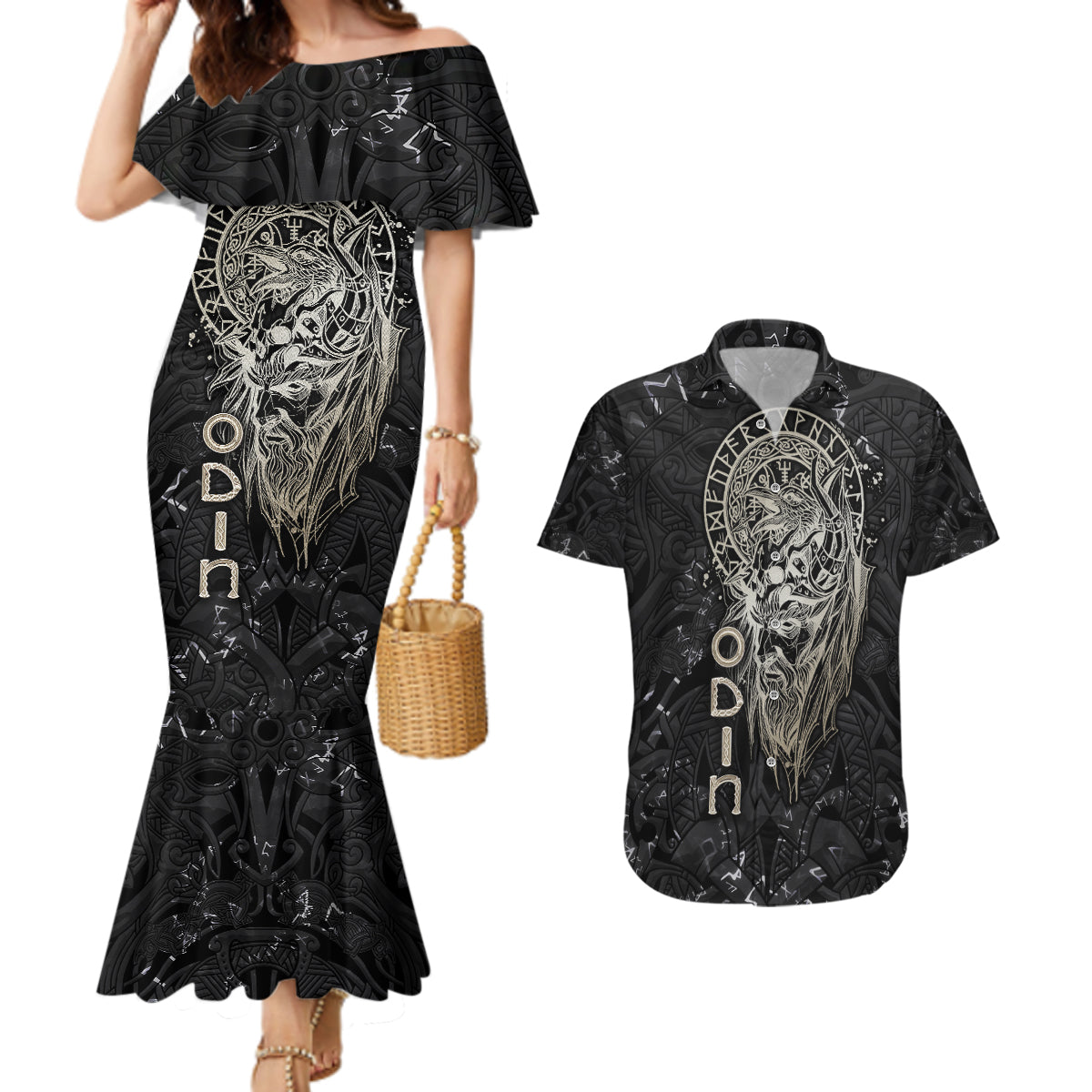 Viking Navigator Couples Matching Mermaid Dress and Hawaiian Shirt Odin's Wisdom in Symbols - Wonder Print Shop