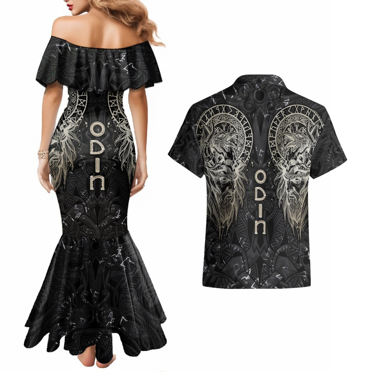 Viking Navigator Couples Matching Mermaid Dress and Hawaiian Shirt Odin's Wisdom in Symbols - Wonder Print Shop