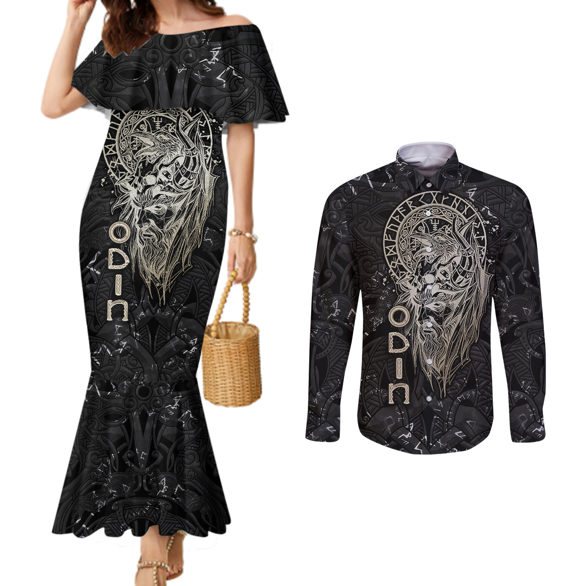 viking-navigator-couples-matching-mermaid-dress-and-long-sleeve-button-shirts-odins-wisdom-in-symbols