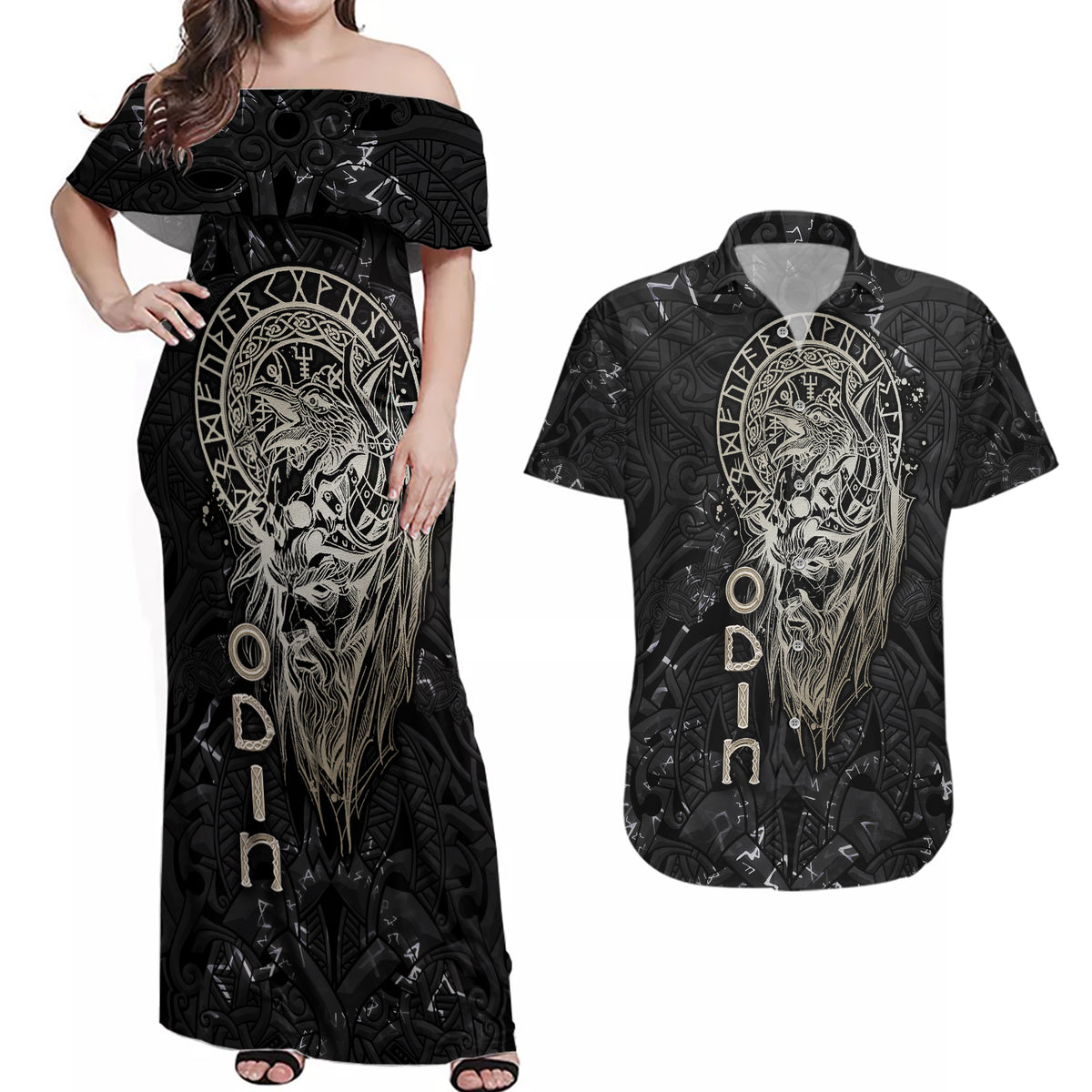 Viking Navigator Couples Matching Off Shoulder Maxi Dress and Hawaiian Shirt Odin's Wisdom in Symbols - Wonder Print Shop