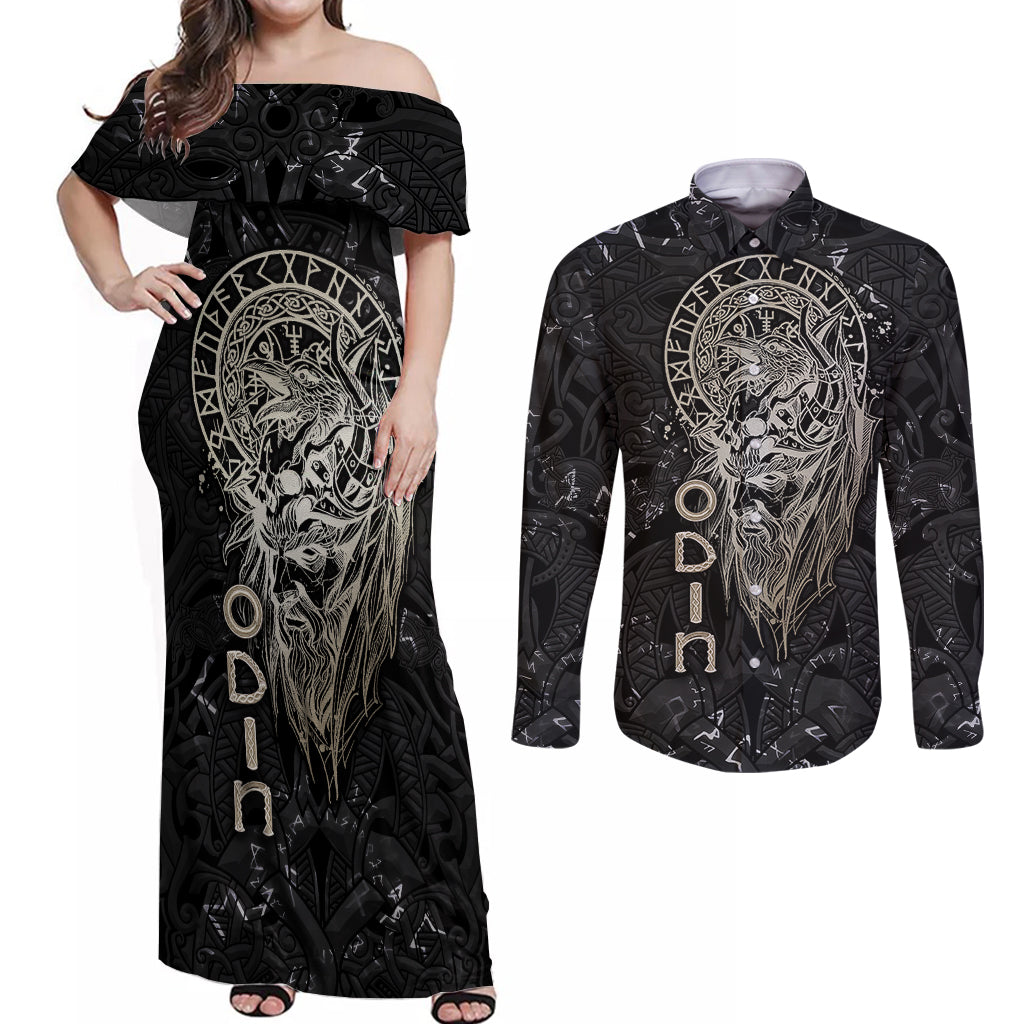 Viking Navigator Couples Matching Off Shoulder Maxi Dress and Long Sleeve Button Shirts Odin's Wisdom in Symbols - Wonder Print Shop