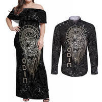 Viking Navigator Couples Matching Off Shoulder Maxi Dress and Long Sleeve Button Shirts Odin's Wisdom in Symbols - Wonder Print Shop