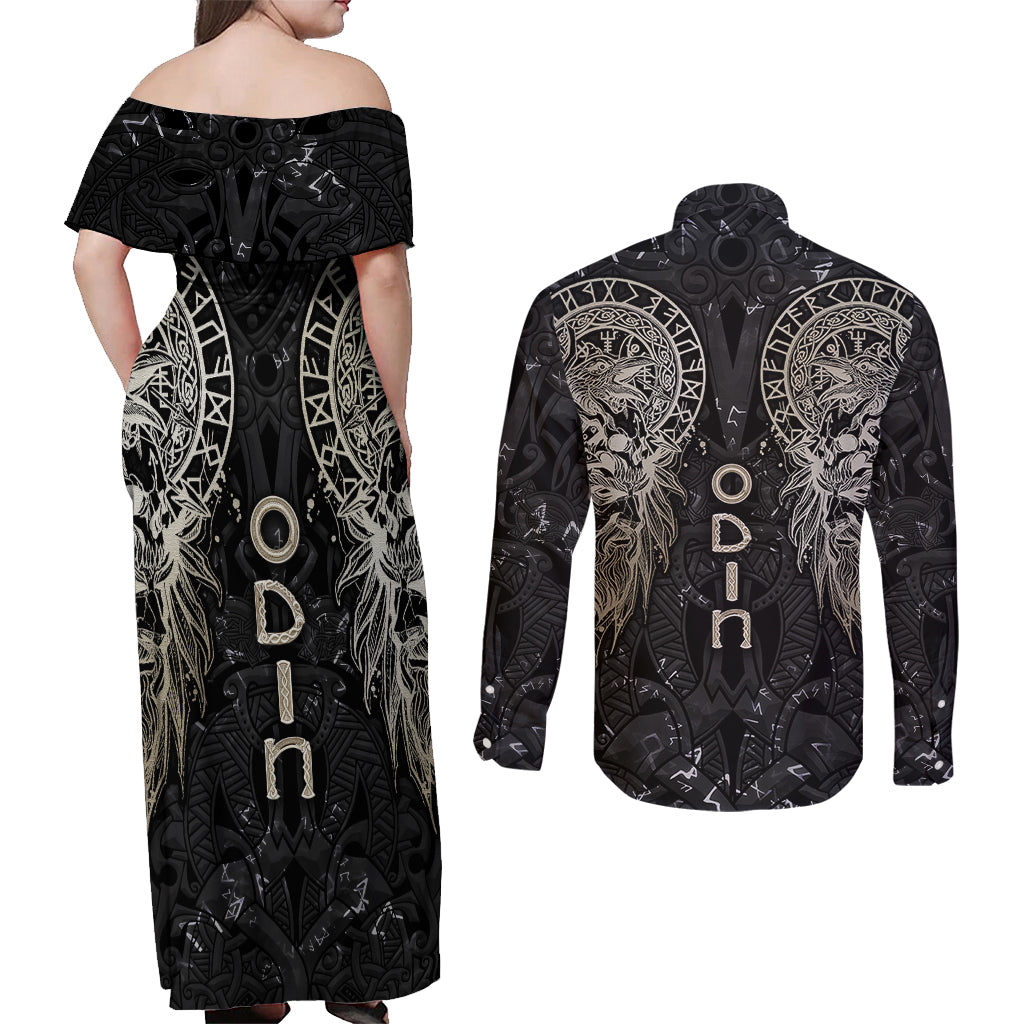 Viking Navigator Couples Matching Off Shoulder Maxi Dress and Long Sleeve Button Shirts Odin's Wisdom in Symbols - Wonder Print Shop