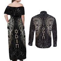 Viking Navigator Couples Matching Off Shoulder Maxi Dress and Long Sleeve Button Shirts Odin's Wisdom in Symbols - Wonder Print Shop