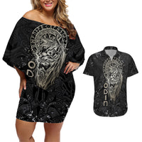 Viking Navigator Couples Matching Off Shoulder Short Dress and Hawaiian Shirt Odin's Wisdom in Symbols - Wonder Print Shop